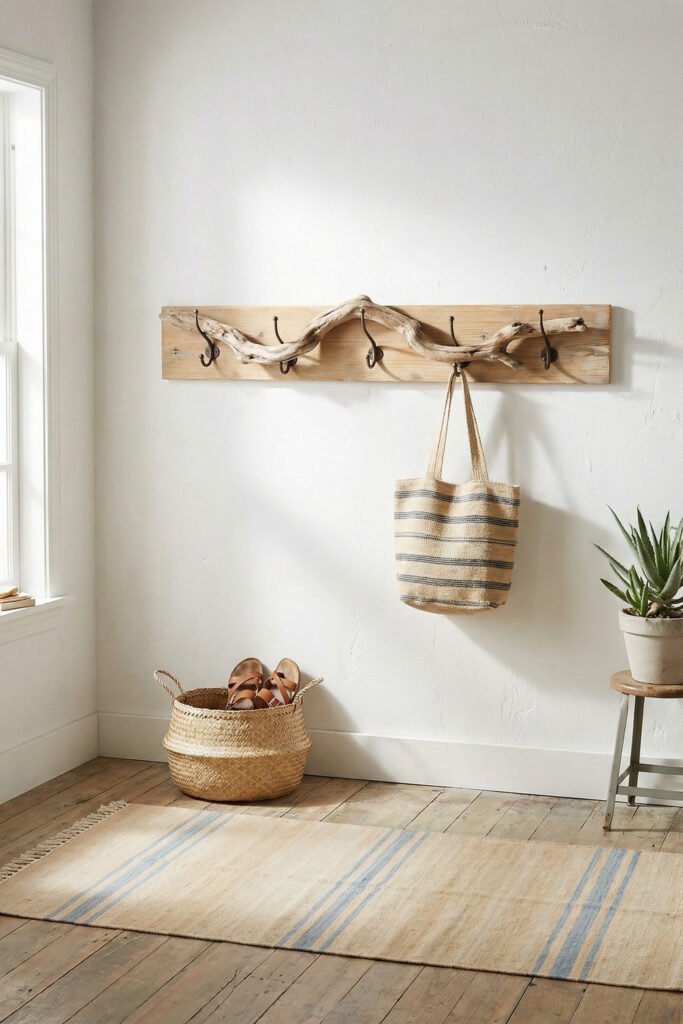 Diy Beach Decor That Feels Fresh for Summer 15 Driftwood wall hook rack above a striped rug with tote, basket, sandals, and plant, functional DIY beach decor for an entryway.
