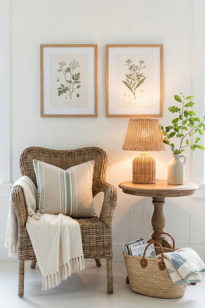 Wicker reading chair with striped pillow, woven lamp, botanical prints, side table, and magazine basket in a calm farmhouse summer decor nook.
