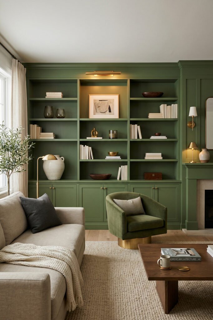 Green And Gold Room Ideas For A Stylish Living Room 15 Custom green built-in shelves with beige sofa, olive accent chair, brass lighting, and warm wood coffee table.