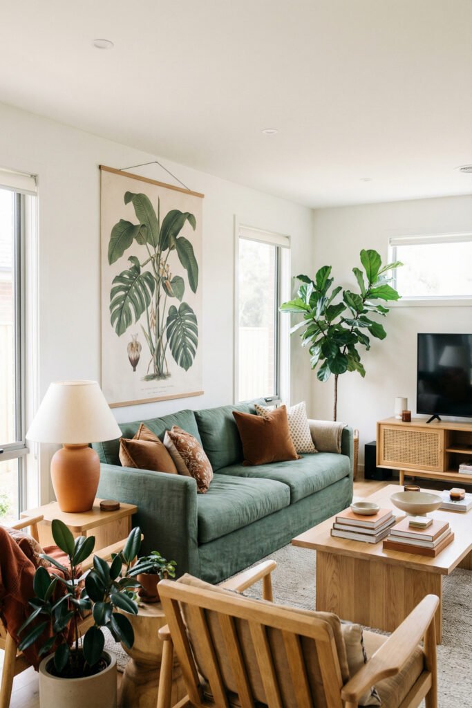 Bright green and rust living room with a green sofa, rust pillows, botanical wall art, plants, wood coffee table, and cane media console.
