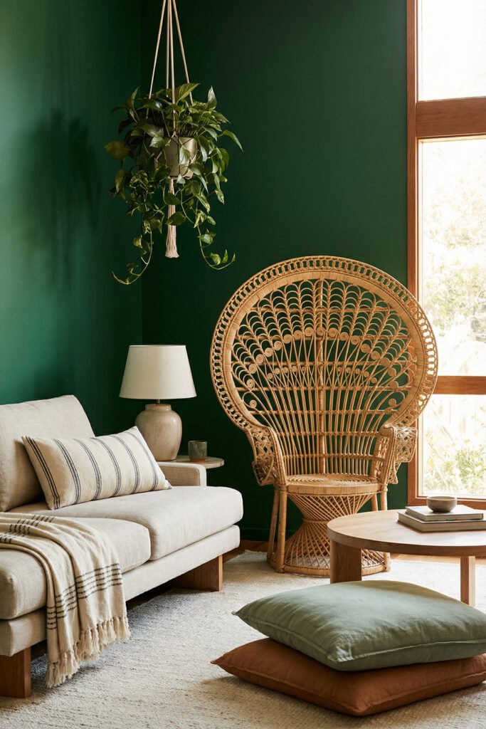 Green Boho Living Room Ideas With Relaxed Style 16 Bold green boho living room with dark emerald wall, peacock chair, hanging plant, cream sofa, round wood table, and floor cushions.