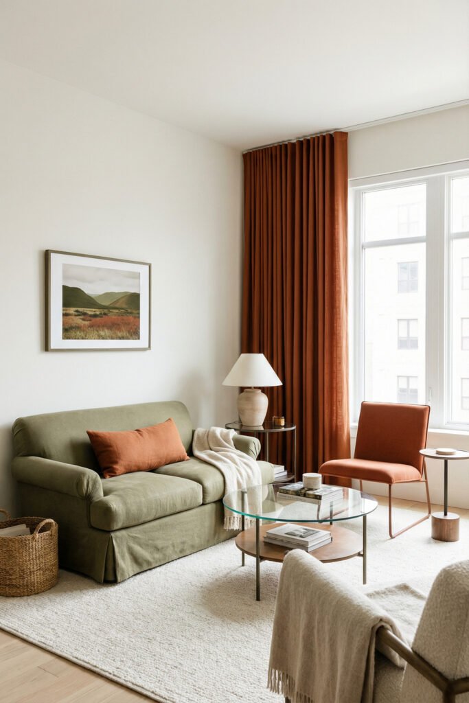 Green Burnt Orange Living Room Ideas With Rich, Easy Style 15 Small living room with light green loveseat, rust curtains, rust chair and glass coffee table in a modern green burnt orange living room