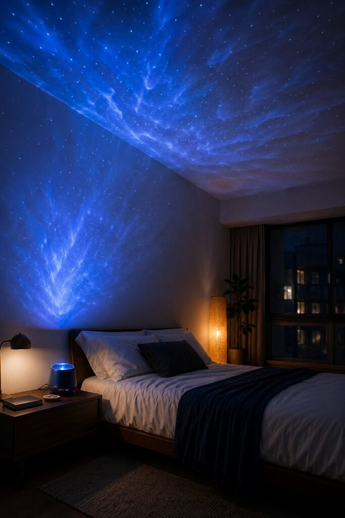 Modern bedroom with blue galaxy projector, warm floor lamp, dark throw blanket, and celestial lighting ideas for cozy rooms.

