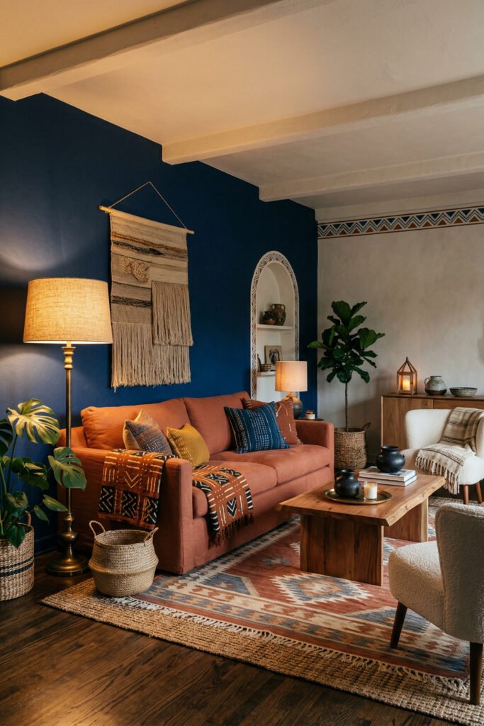 Dark blue accent wall, rust sofa, woven textile art, warm lamps, and patterned rug create a dramatic Afro Boho living room.
