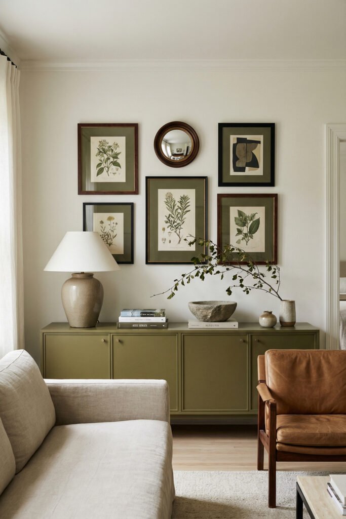 Olive Green Decor Ideas For A Layered Living Room 15 Olive green console with botanical gallery wall, mirror, ceramic lamp, and branches styled for collected living room decor.