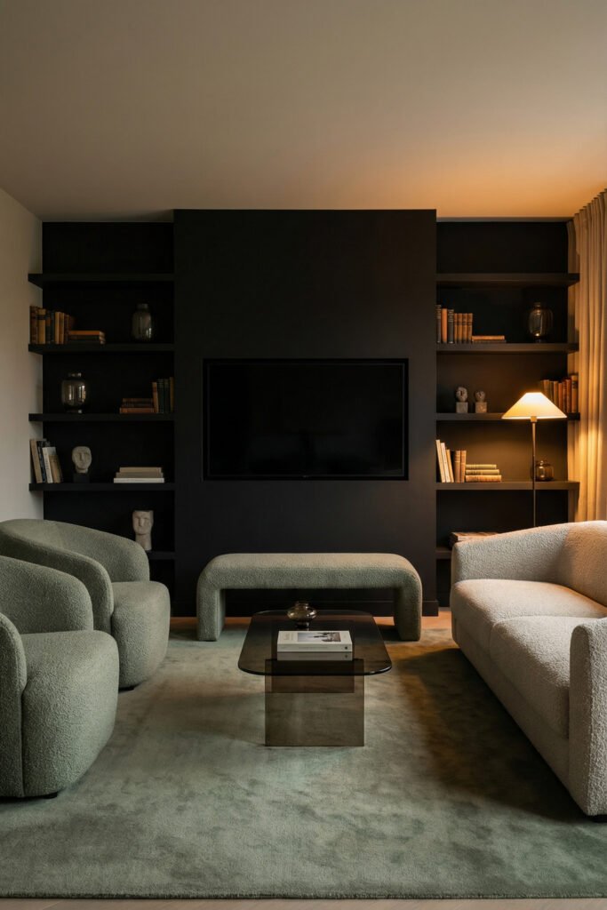 Sage Green And Black Living Room Ideas for a Layered Look 10 Moody modern living room with black media wall, sage boucle chairs, cream sofa, smoked glass table, and soft green rug for bold contrast.
