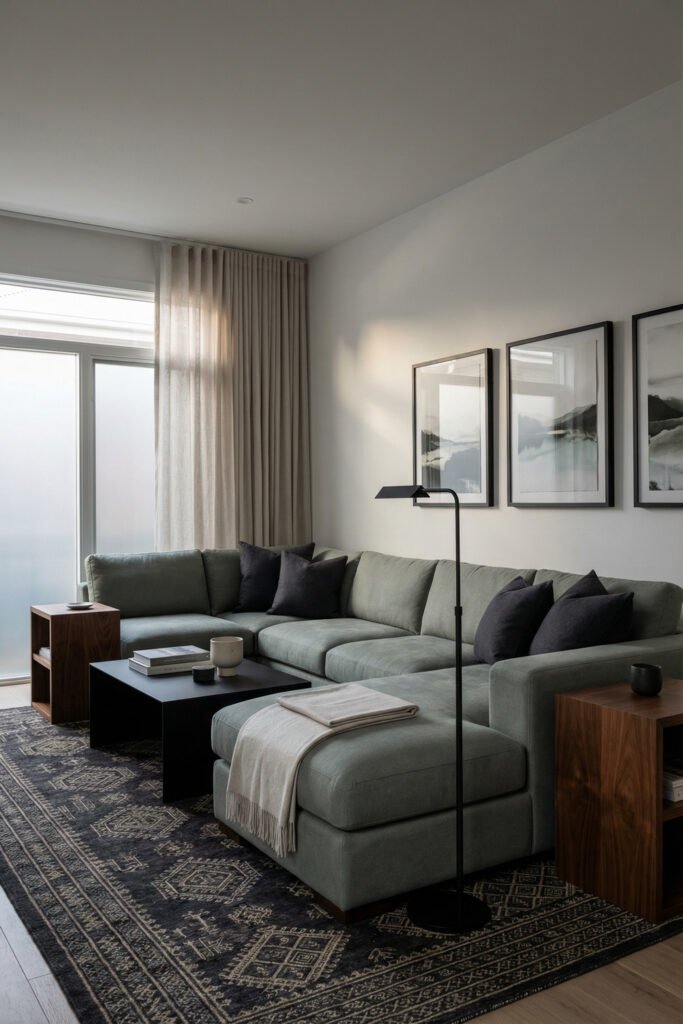 Sage Green Lounge Ideas for a Calm, Collected Living Room 15 Contemporary lounge with pale sage sectional, black coffee table, dark rug, framed art, and walnut side tables for a bold modern contrast.