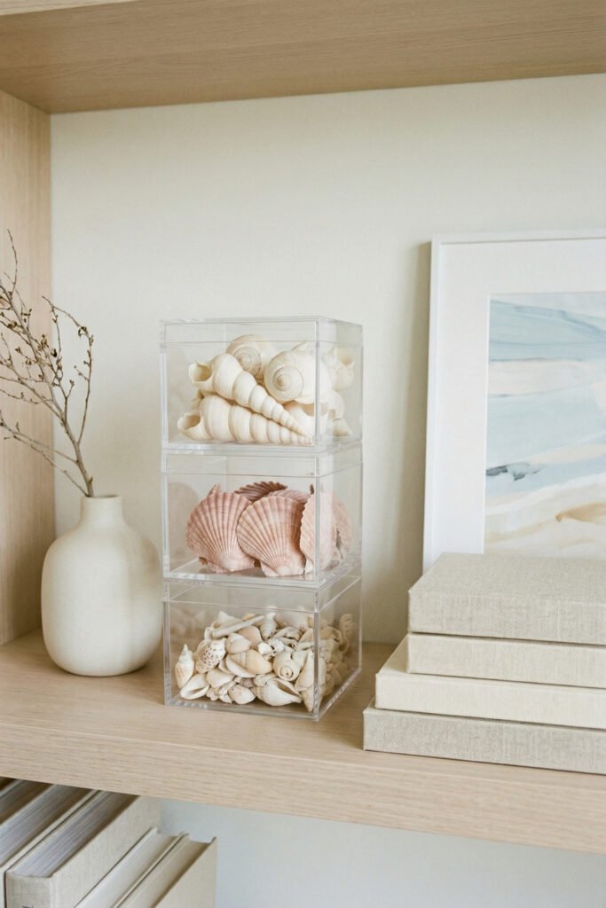 Stacked clear acrylic boxes filled with spiral shells, pink scallops, and small mixed shells on a shelf beside books and art, a neat seashell display idea.
