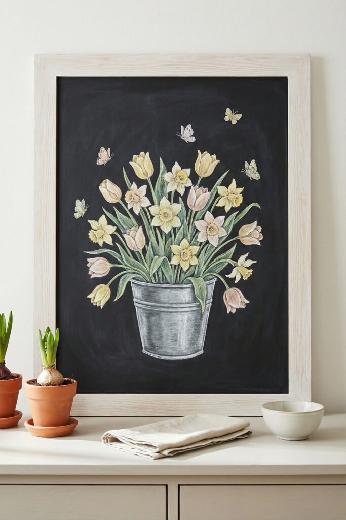 Spring Chalkboard Ideas That Feel Fresh and Easy to Style 11 White-framed chalkboard with a hand-drawn bucket of tulips and daffodils, styled with potted bulbs and linen; elegant spring chalkboard ideas for simple seasonal decor.