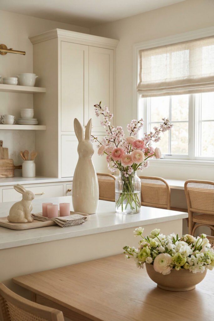 Light neutral kitchen with cane chairs, ceramic bunny accents, pink candles, and blush spring flowers on the island for elegant spring kitchen décor
