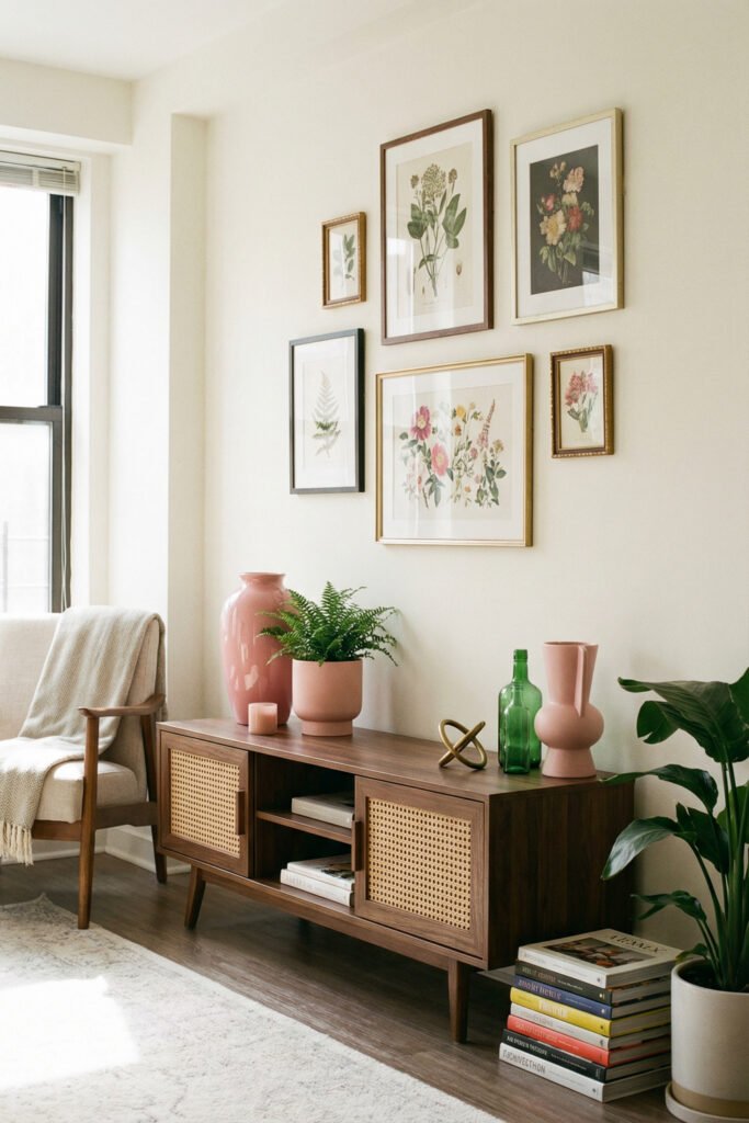 Walnut cane media console with pink vases, fern, green bottle, and botanical gallery wall in a bright spring living room.
