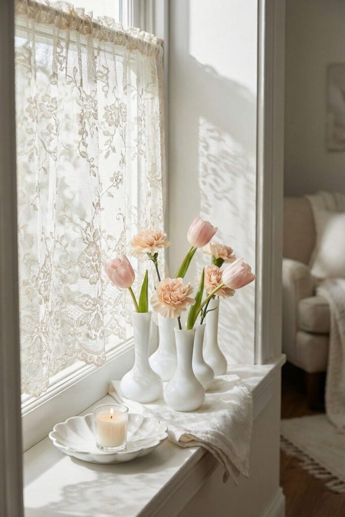 Spring Window Display Ideas For A Light-Filled Season 8 Vintage lace curtain with white bud vases, blush tulips, carnations, and a candle arranged on a bright sill in a soft spring window display.