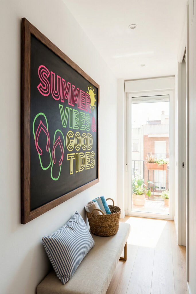 Summer Chalkboard Ideas That Brighten Every Corner 14 Large black chalkboard in a bright hallway reading Summer Vibes & Good Tides with neon lettering, flip-flops, and a sun drawing.