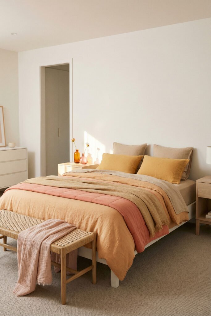Summer Décor Ideas for an Airy, Collected Home 11 Soft bedroom with peach and coral bedding, cane bench, pale wood furniture, and warm sunlight for serene summer decor.