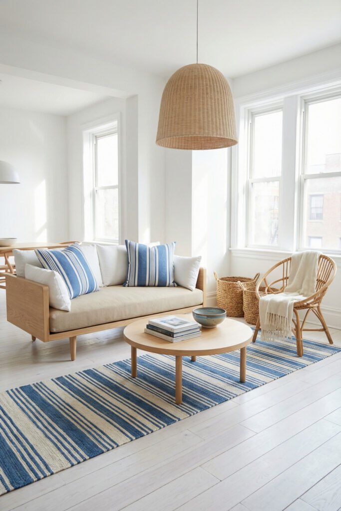 Bright coastal living room with blue striped rug and pillows, wicker chair, woven baskets, round table, and a large rattan pendant.
