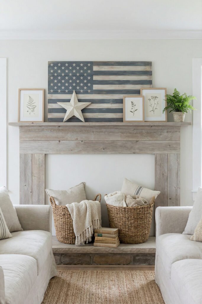 Rustic mantel with American flag art, framed botanicals, a white star, and woven baskets for understated patriotic summer mantle décor.
