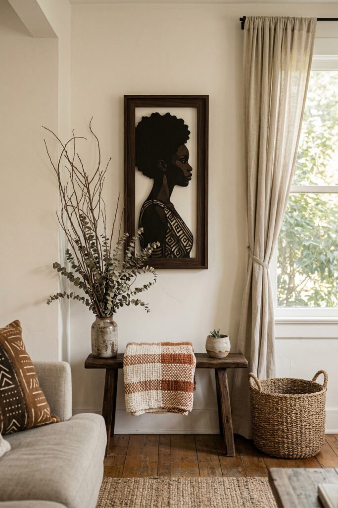 Warm neutral living room vignette with framed Afro-inspired silhouette art above a rustic bench, woven basket, textured throw, dried branches, and soft curtains
