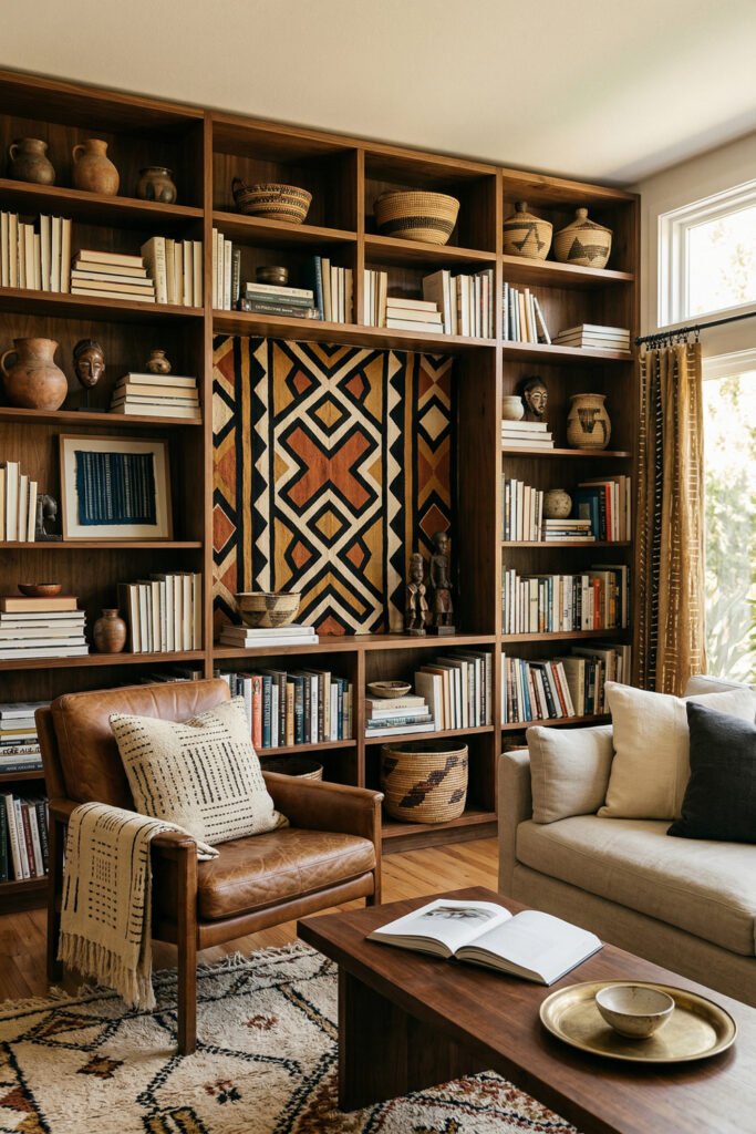 Dark wood bookshelves with baskets and geometric textile art, leather chair, cream sofa, and patterned rug in a collected Afro Boho Decor living room.
