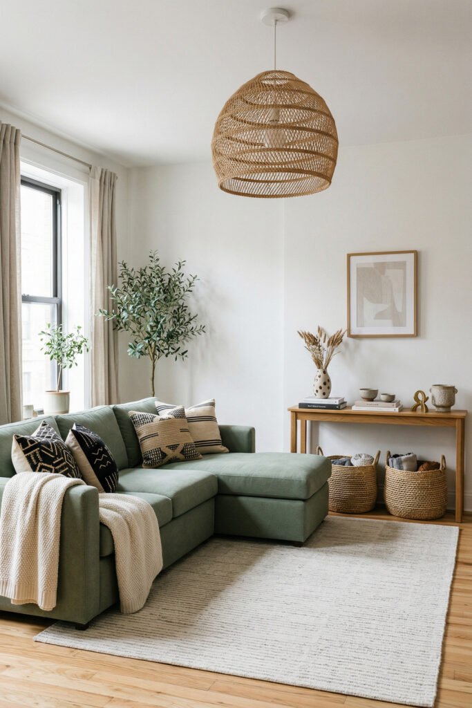 Light modern living room with sage sectional, woven pendant, baskets, natural wood console, art, and soft neutral rug.
