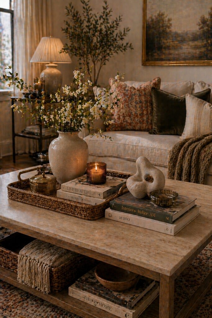 Close-up of styled coffee table with blossoms, candle, decor books, sculpture, and warm apartment vibes decor ideas
