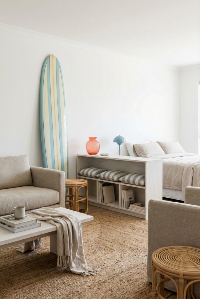 Beach Cottage Decor That Feels Fresh for Summer 11 Airy studio bedroom and sitting area with neutral seating, jute rug, white bookshelf divider, striped pillows, and pastel surfboard in beach cottage decor.