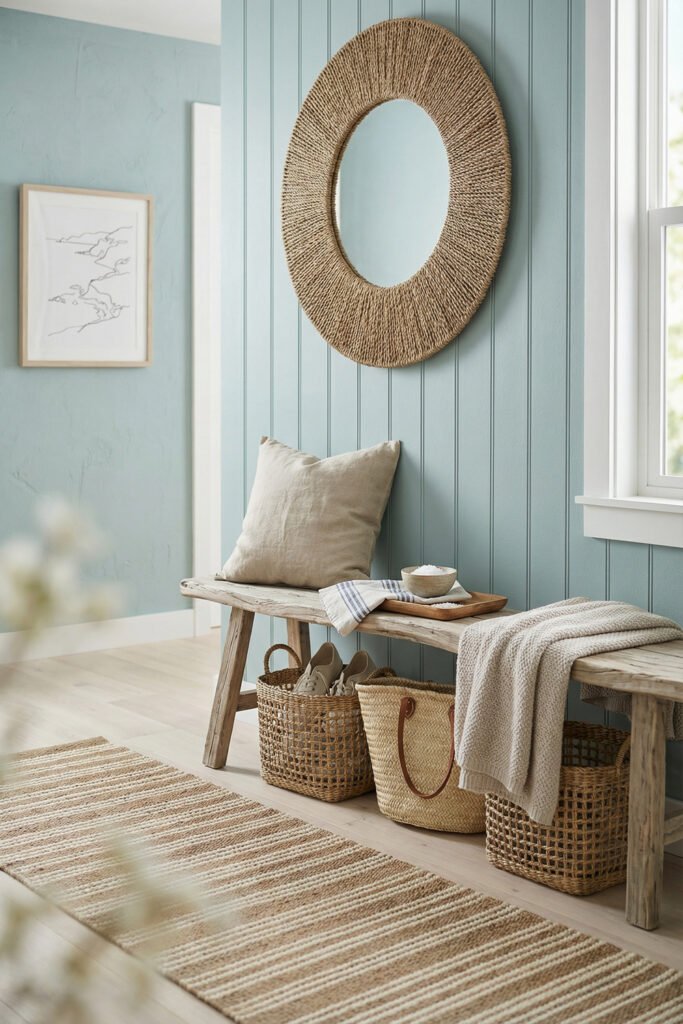Coastal Summer Aesthetic Ideas for a Breezy Apartment 13 Beachy entry bench with woven baskets, textured mirror, aqua paneled wall, and neutral rug creating a practical coastal summer aesthetic.