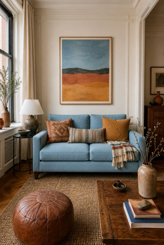 Blue sofa living room with desert-inspired art, leather pouf, patterned pillows, jute rug, and decor ideas with personality
