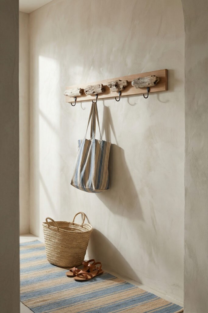 Diy Beach Decor That Feels Fresh for Summer 16 Wood hook rack with driftwood accents, striped tote, sandals, and basket in a coastal hall, practical DIY beach decor.