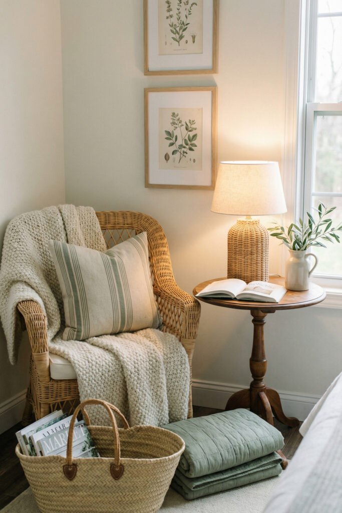 Cozy wicker chair with chunky knit throw, striped pillow, woven lamp, botanical art, and basket beside the window in farmhouse summer decor style.
