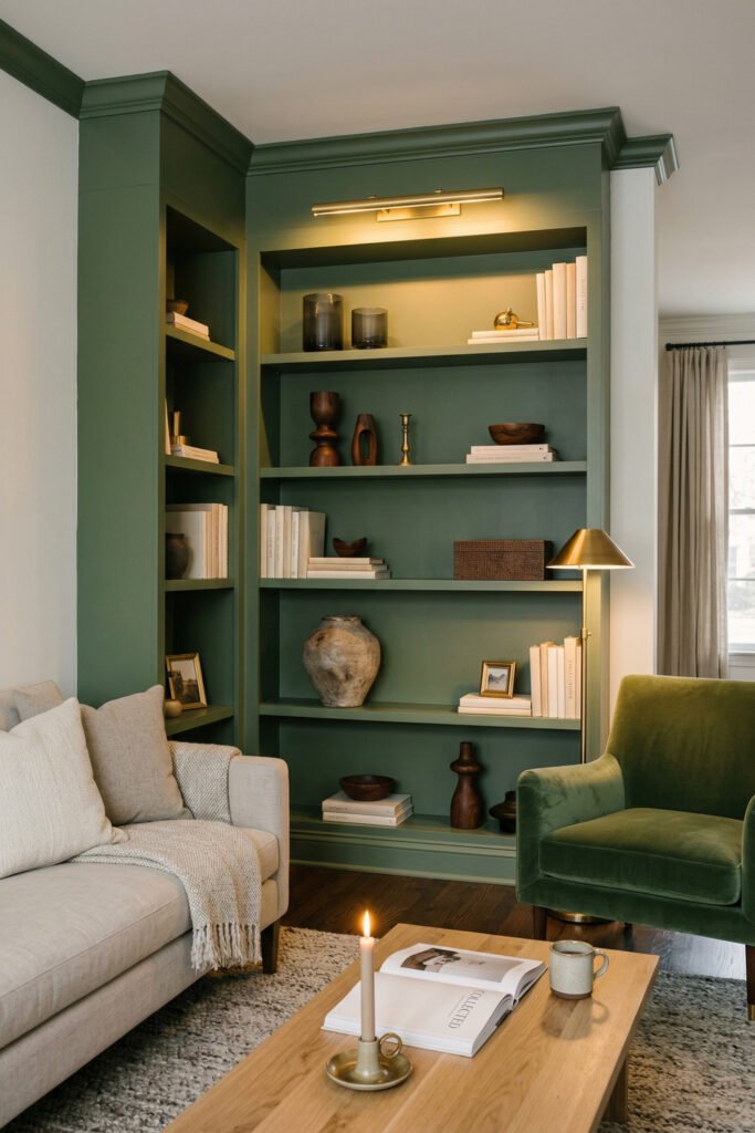 Green And Gold Room Ideas For A Stylish Living Room 16 Styled green built-in bookcase with brass picture light, olive chair, beige sofa, candlelit coffee table, and curated decor.