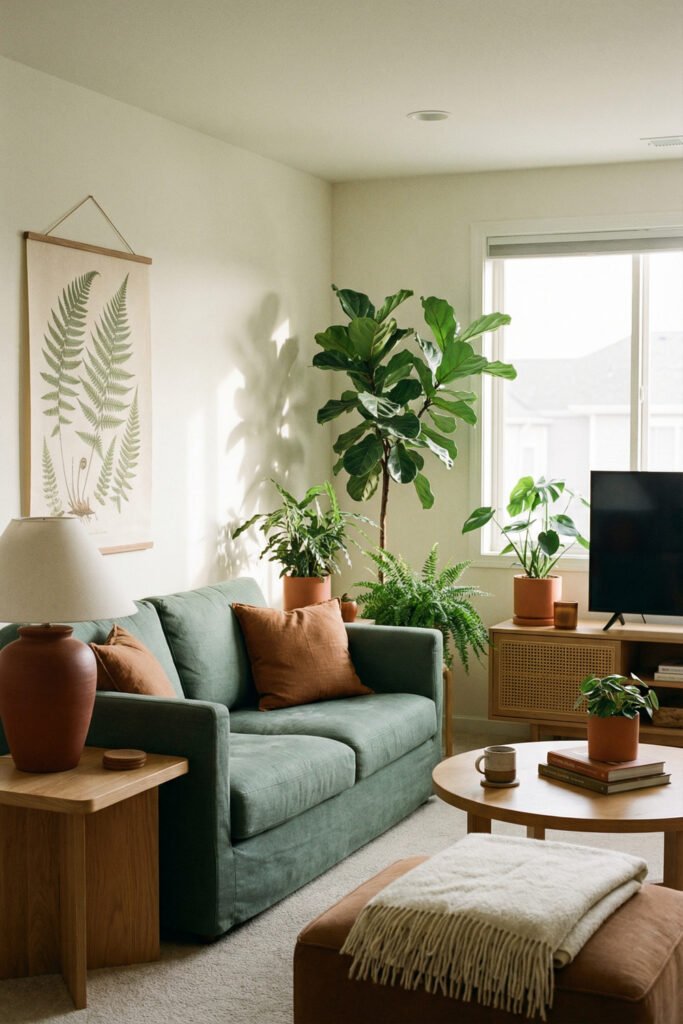 Plant-filled green and rust living room with a soft green sofa, rust pillows, fern artwork, indoor plants, wood furniture, and a calm neutral palette.
