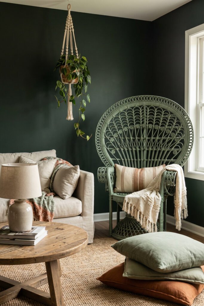 Green Boho Living Room Ideas With Relaxed Style 17 Dark green boho living room corner with painted peacock chair, hanging plant, cream sofa, round wood coffee table, stacked floor cushions, and deep emerald walls.