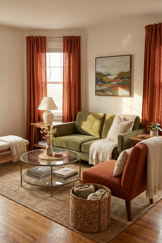 Green Burnt Orange Living Room Ideas With Rich, Easy Style 16 Green sofa, burnt orange chair, rust curtains, glass coffee table and woven textures in a bright green burnt orange living room