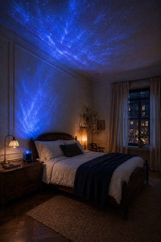 Classic bedroom with blue nebula projector across ceiling, warm bedside lamps, vintage wood furniture, and soft dramatic lighting.
