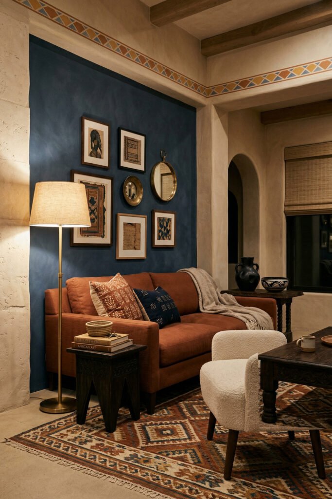 Rust sofa layered with patterned pillows against a deep blue wall, brass lamp, framed art, and geometric rug in a rich Nubian Style living room.
