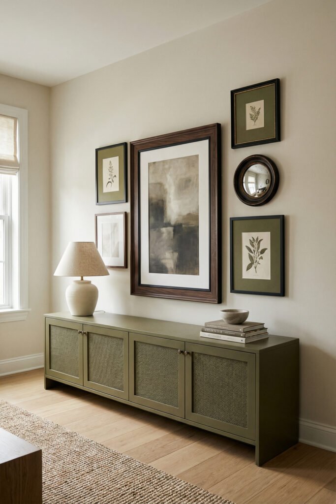 Olive Green Decor Ideas For A Layered Living Room 16 Olive credenza with cane-front doors, framed art, botanical prints, mirror, and table lamp in a polished olive green decor living room.