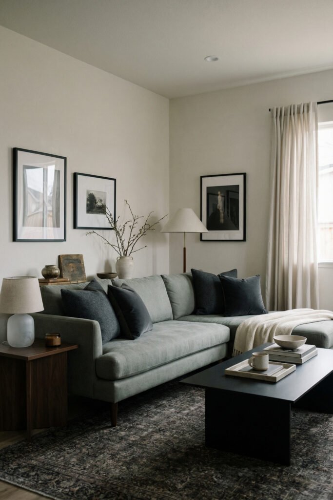 Sage Green Lounge Ideas for a Calm, Collected Living Room 16 Modern living room with sage sectional, black pillows, dark coffee table, gallery wall, and soft drapery for a polished high-contrast look.