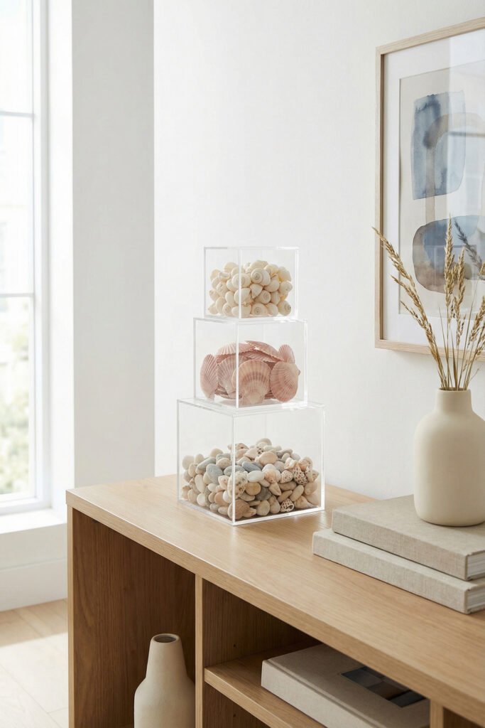 Three clear acrylic cubes stacked with shells and pebbles on a wood console beside framed art and a vase, creating a clean seashell display.

