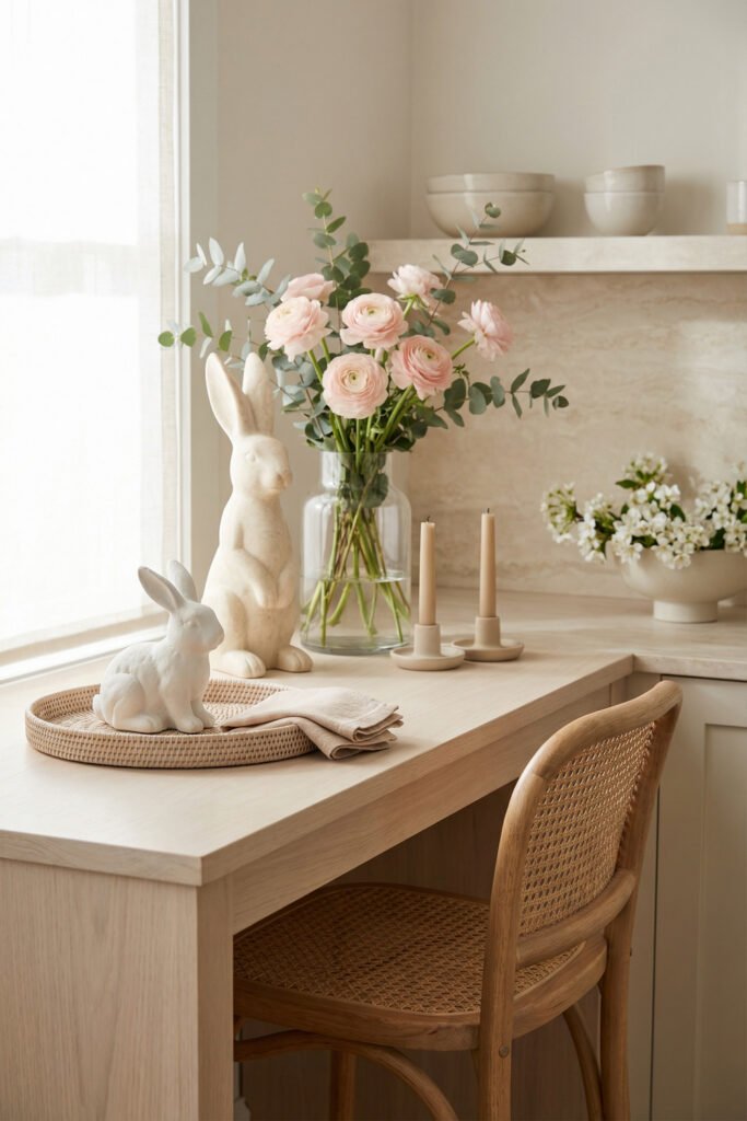 Soft neutral breakfast nook with ceramic bunny decor, blush ranunculus and eucalyptus in a glass vase, taper candles, and cane seating for spring kitchen décor
