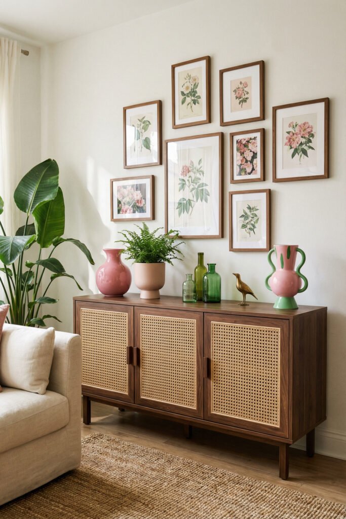 Cane cabinet styled with pink ceramics, green glass bottles, plants, and floral art brings collected spring living room décor to a sunny corner.
