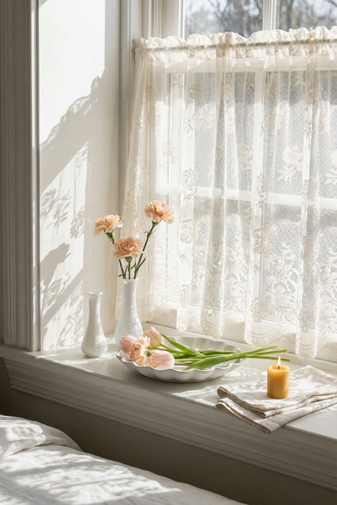 Spring Window Display Ideas For A Light-Filled Season 9 Sunny bedroom window with lace cafe curtains, blush flowers, a scalloped dish, and candlelight styled as a delicate spring window display.