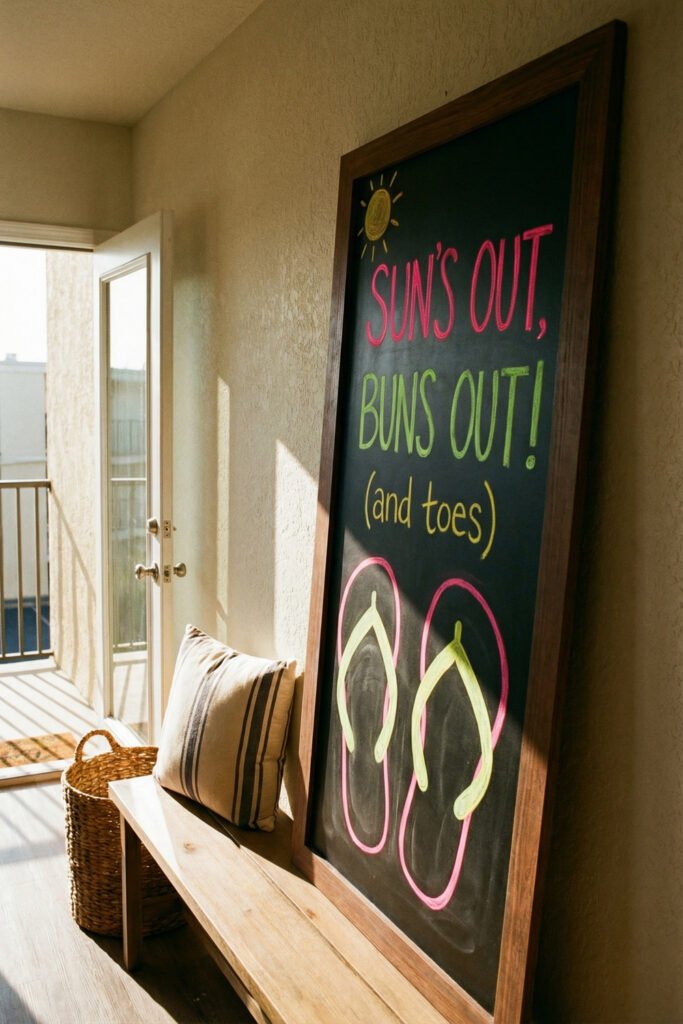 Summer Chalkboard Ideas That Brighten Every Corner 15 Tall framed sign saying Sun’s Out, Buns Out! with flip-flop art leaning on a bench near an open balcony door.