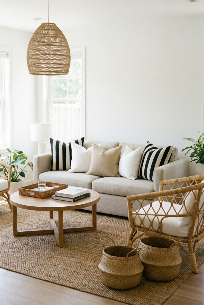 Neutral summer living room with black striped pillows, wicker chairs, jute rug, round wood table, and woven pendant lighting.
