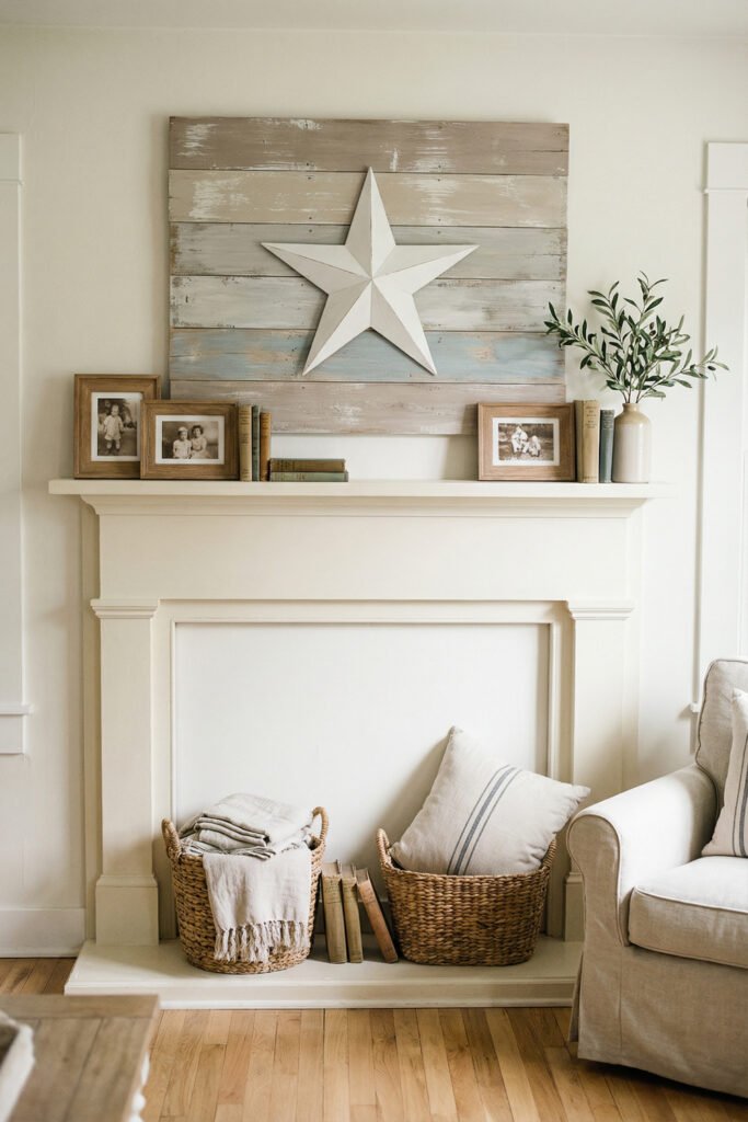 White fireplace mantel with pastel wood panels, large white star, family frames, books, and woven baskets for soft farmhouse summer mantle décor.
