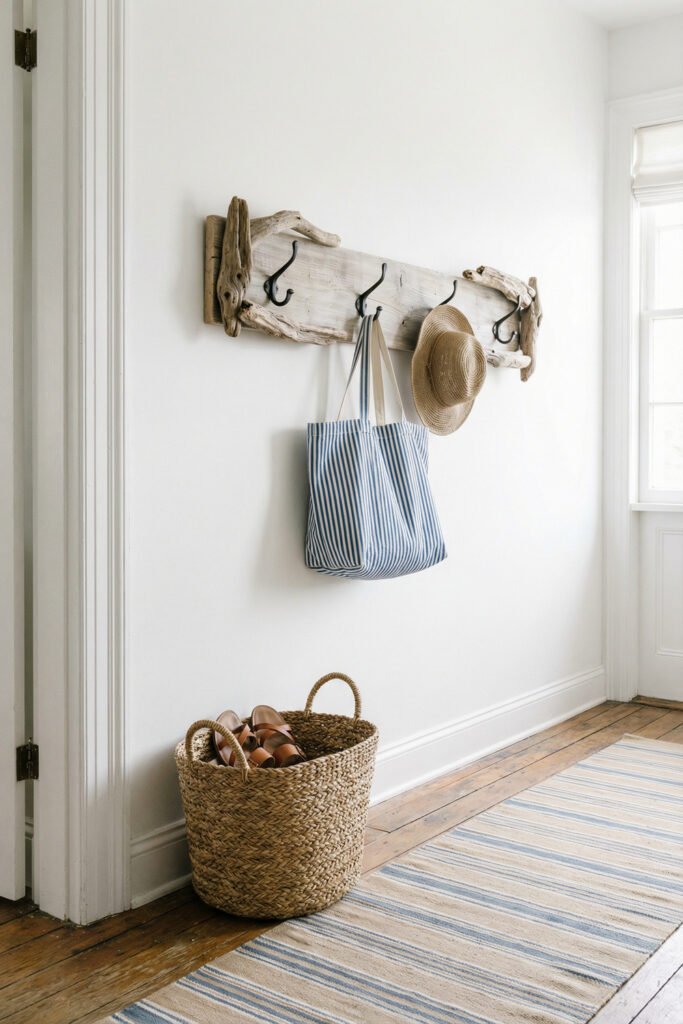 Diy Beach Decor That Feels Fresh for Summer 17 Rustic driftwood coat rack with striped tote and straw hat above a woven basket in a bright hall, easy DIY beach decor.