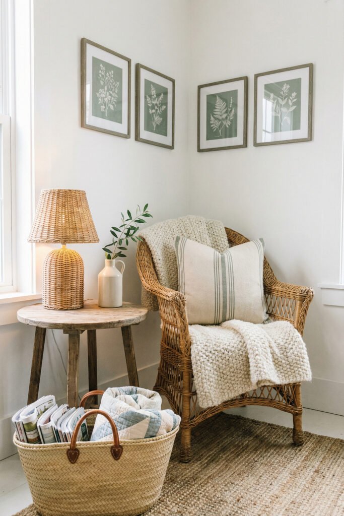 Wicker accent chair, textured throw, woven lamp, rustic stool, botanical prints, and basket on a jute rug create a soft farmhouse summer decor corner.
