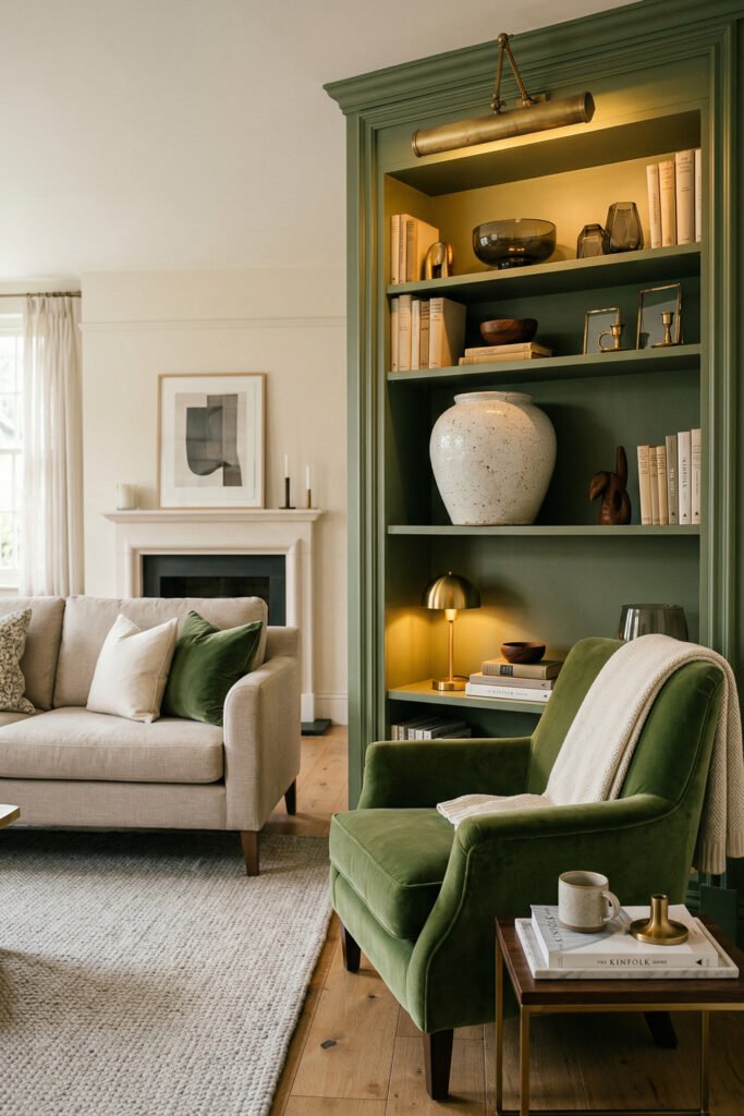 Green And Gold Room Ideas For A Stylish Living Room 17 Built-in sage green bookcase with brass picture light, velvet green chair, beige sofa, and soft gold accents in a cozy living room.