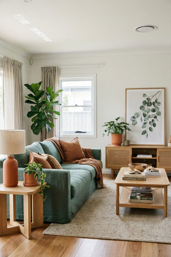 Relaxed green and rust living room with a green sofa, terracotta pillows and throw, houseplants, framed botanical art, and warm wood furniture.
