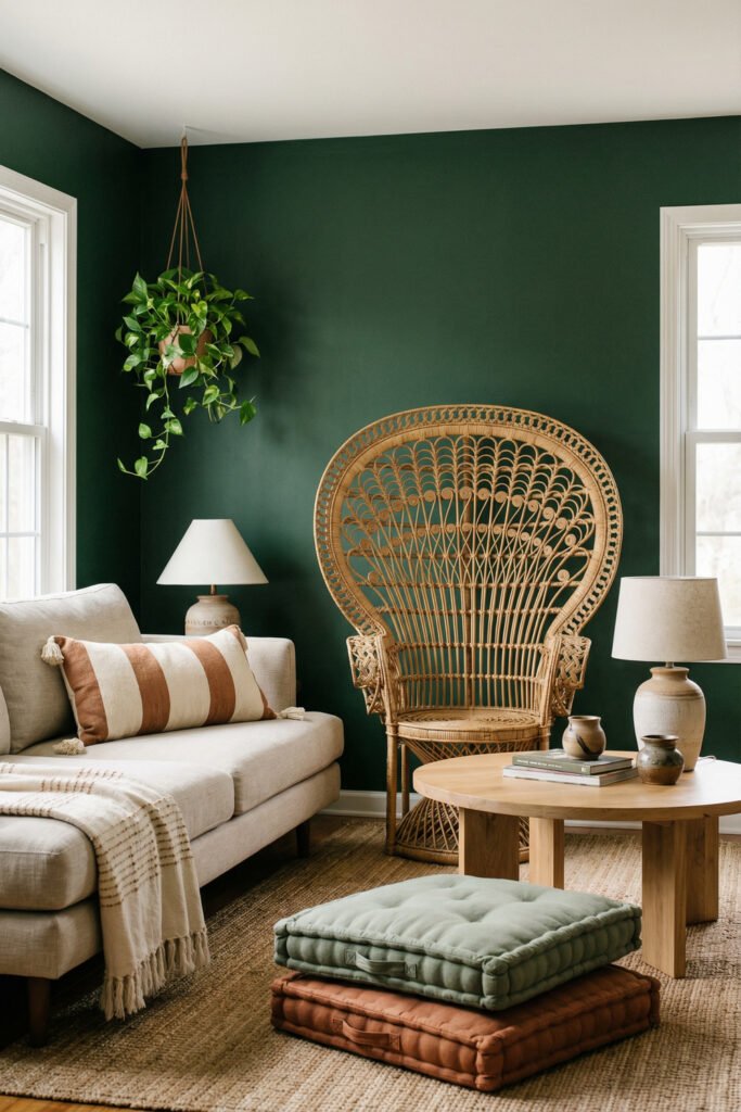 Green Boho Living Room Ideas With Relaxed Style 18 Green boho living room with dark emerald walls, wicker peacock chair, cream sofa, hanging pothos, round wood coffee table, and layered floor cushions.