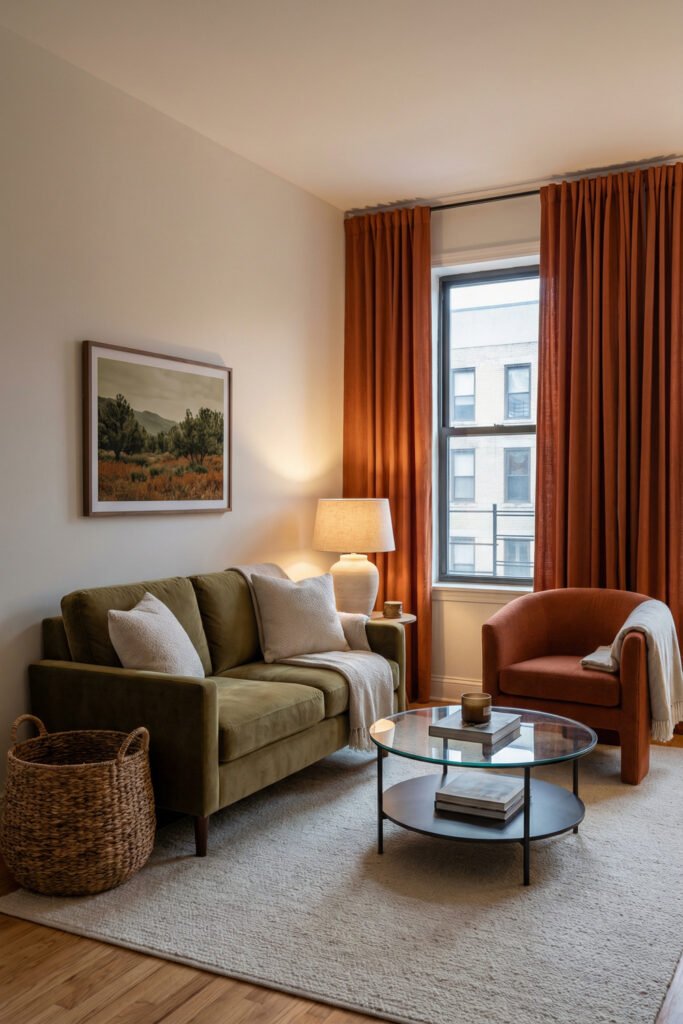 Green Burnt Orange Living Room Ideas With Rich, Easy Style 17 Olive green loveseat with burnt orange curtains and matching accent chair, glass coffee table, cream rug and table lamp in a small Green Burnt Orange Living Room